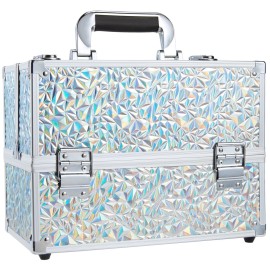 FRENESSA Makeup Case Cosmetic Train Case Organizer 11.8 Inch Large Makeup Box Travel Storage Make Up Train Carrying Case with 6 Trays Locking Hard Vanity Storage Glitter Silver