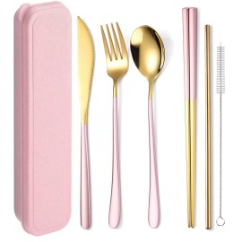 AARAINBOW 6 Pieces 18/8 Stainless Steel Flatware Set Portable Reusable Cutlery Set Travel Utensils Set Including Chopsticks Knife Fork Spoon Straws Cleaning Brush Dishwasher Safe (Pink golden)
