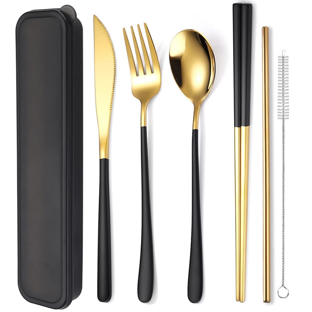 AARAINBOW 6 Pieces 18/8 Stainless Steel Flatware Set Portable Reusable Cutlery Set Travel Utensils Set Including Chopsticks Knife Fork Spoon Straws Cleaning Brush Dishwasher Safe (Black golden)