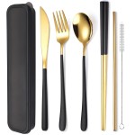 AARAINBOW 6 Pieces 18/8 Stainless Steel Flatware Set Portable Reusable Cutlery Set Travel Utensils Set Including Chopsticks Knife Fork Spoon Straws Cleaning Brush Dishwasher Safe (Black golden)