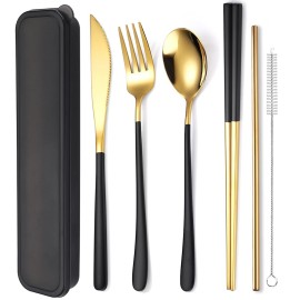 AARAINBOW 6 Pieces 18/8 Stainless Steel Flatware Set Portable Reusable Cutlery Set Travel Utensils Set Including Chopsticks Knife Fork Spoon Straws Cleaning Brush Dishwasher Safe (Black golden)