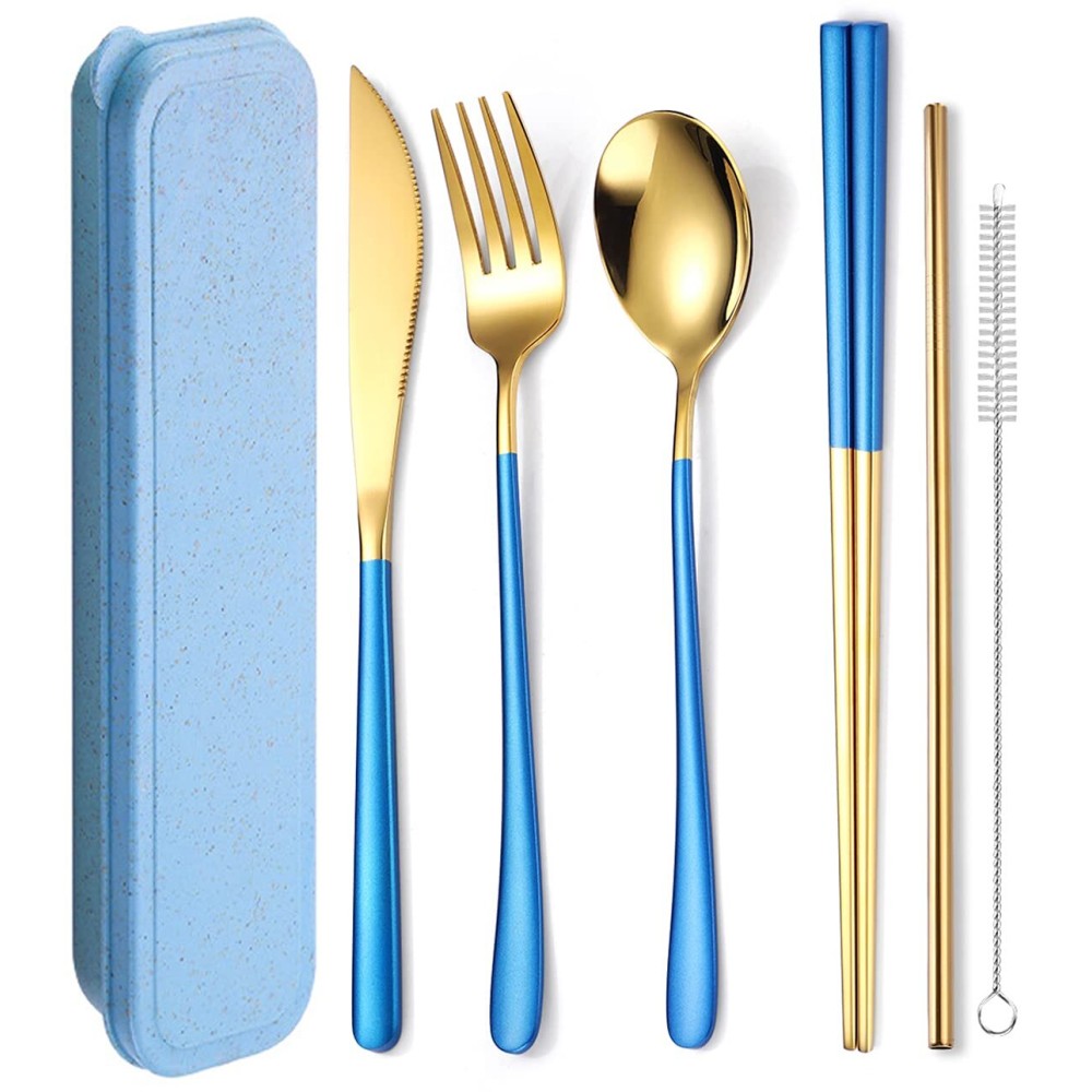 AARAINBOW 6 Pieces 18/8 Stainless Steel Flatware Set Portable Reusable Cutlery Set Travel Utensils Set Including Chopsticks Knife Fork Spoon Straws Cleaning Brush Dishwasher Safe (Blue golden)