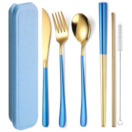 AARAINBOW 6 Pieces 18/8 Stainless Steel Flatware Set Portable Reusable Cutlery Set Travel Utensils Set Including Chopsticks Knife Fork Spoon Straws Cleaning Brush Dishwasher Safe (Blue golden)