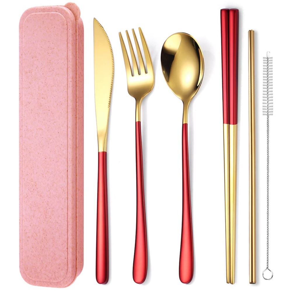 AARAINBOW 6 Pieces 18/8 Stainless Steel Flatware Set Portable Reusable Cutlery Set Travel Utensils Set Including Chopsticks Knife Fork Spoon Straws Cleaning Brush Dishwasher Safe (Red golden)