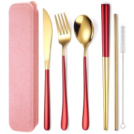 AARAINBOW 6 Pieces 18/8 Stainless Steel Flatware Set Portable Reusable Cutlery Set Travel Utensils Set Including Chopsticks Knife Fork Spoon Straws Cleaning Brush Dishwasher Safe (Red golden)