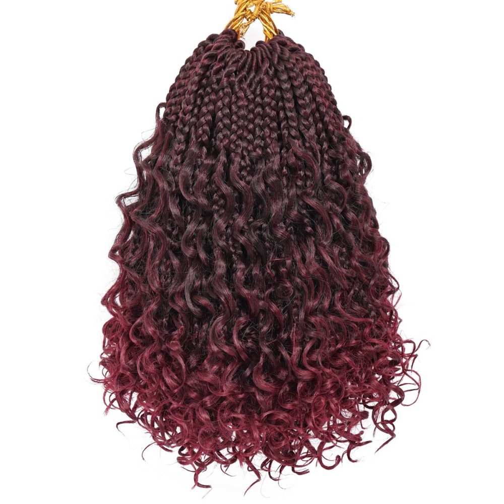 Goddess Box Braids Crochet Hair 10 Inch 8 Packs Pre-looped Bohemian Crochet Boho Box Braids With Curly Ends Red Burgundy 3X Crochet Braids Hair for Women Synthetic Braiding Hair (10 inch, TBUG)