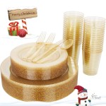 WELLIFE 175 Pieces Gold Glitter Plastic Plates with Silverware and Cups, Includes: 50 Plates, 50 Forks, 25 Knives,25 Spoons and 25 Cups for Party