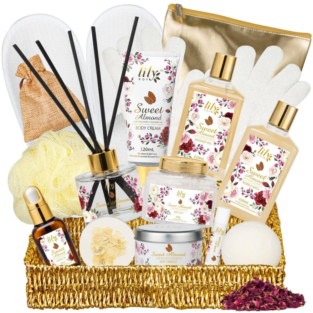 Christmas Spa Gift Basket Set for Women 17-Piece Almond Luxury Spa Gift Set Bath & Body Care Kit with Shower Gel, Body Cream | Valentine\'s, Mothers Day Gifts for Mom, Birthday Gifts for Her, Wife, Mom