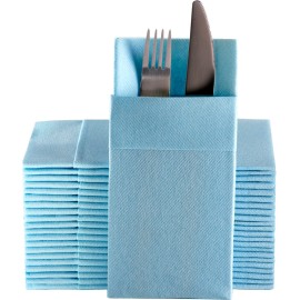 Baby Blue Dinner Napkins Cloth Like with Built-in Flatware Pocket, Linen-Feel Absorbent Disposable Paper Hand Napkins for Kitchen, Bathroom, Parties, Weddings, Dinners or Events, Pack of 50