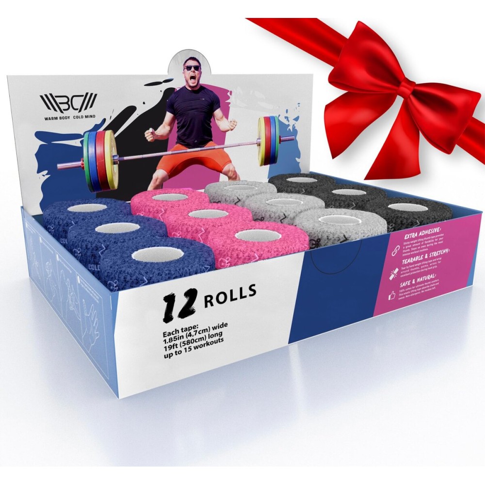 WARM BODY COLD MIND 1.85 Weightlifting Thumb Tape - Hook Grip Tape for Powerlifting, Cross Training, Gym Tape, Workout, Weight Lifting Tape, Athletic Finger Wrap (Mix 12 Rolls)