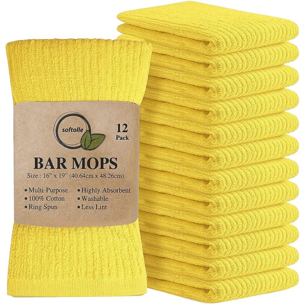Softolle Bar Mop Towels, Pack of 12-16x19 Inches - 100% Cotton Super Absorbent Towels, Multi-Purpose for Home and Bar Cleaning (Yellow)
