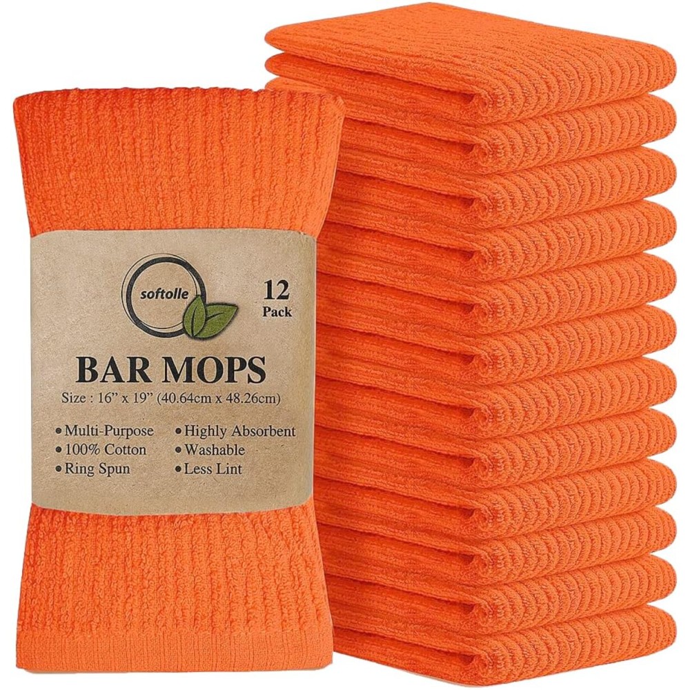 Softolle Bar Mop Towels, Pack of 12-16x19 Inches - 100% Cotton Super Absorbent Towels, Multi-Purpose for Home and Bar Cleaning (Orange)