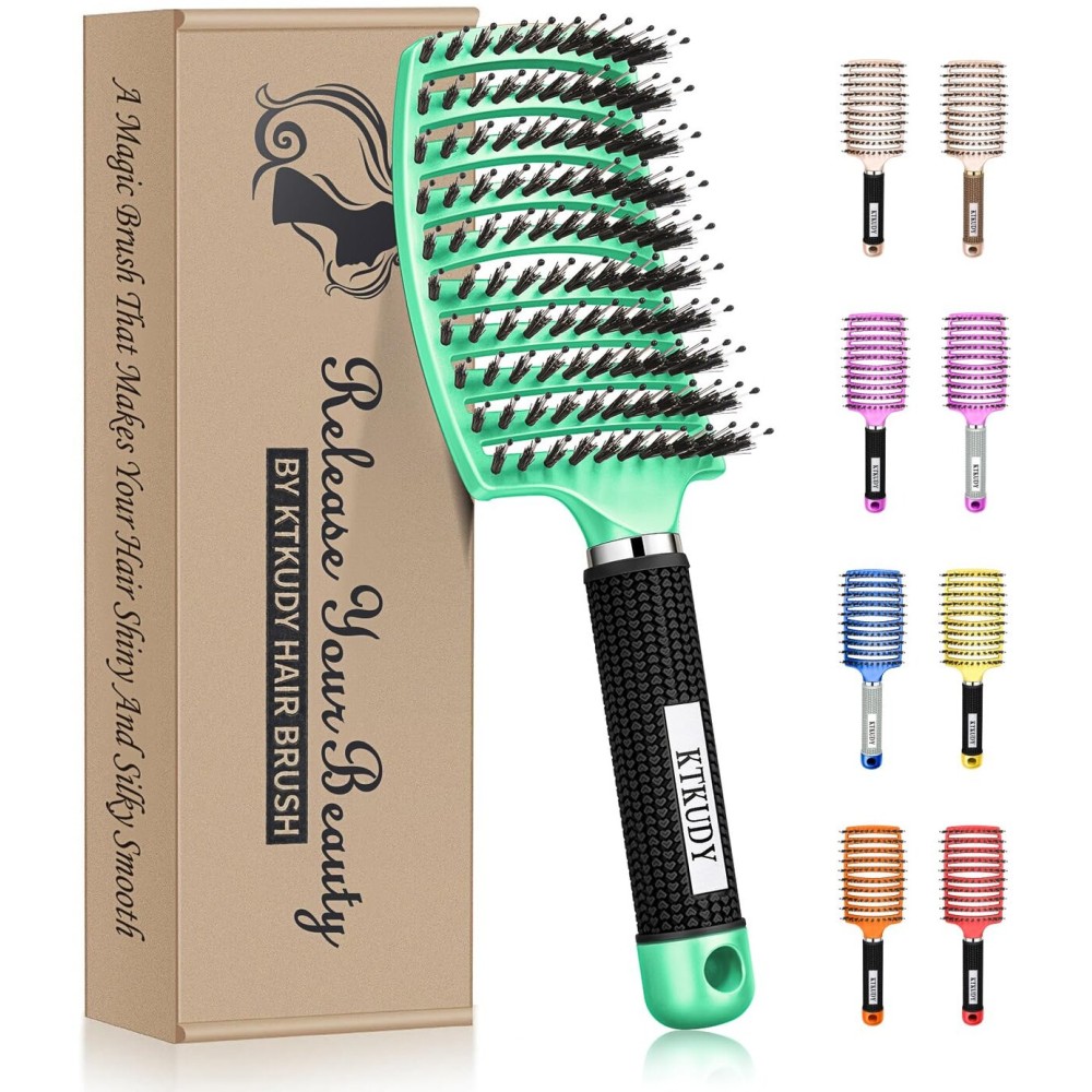 KTKUDY Detangling Brush Boar Bristles Hairbrush Make Hair Shiny & Healthier Curved and Vented Detangler Brush for Women Men Kids Wet & Dry Hair (Light green)