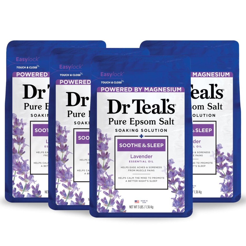 Dr Teal\'s Pure Epsom Magnesium Salt Soak, Soothe & Sleep with Lavender, 3 lb (Pack of 4)