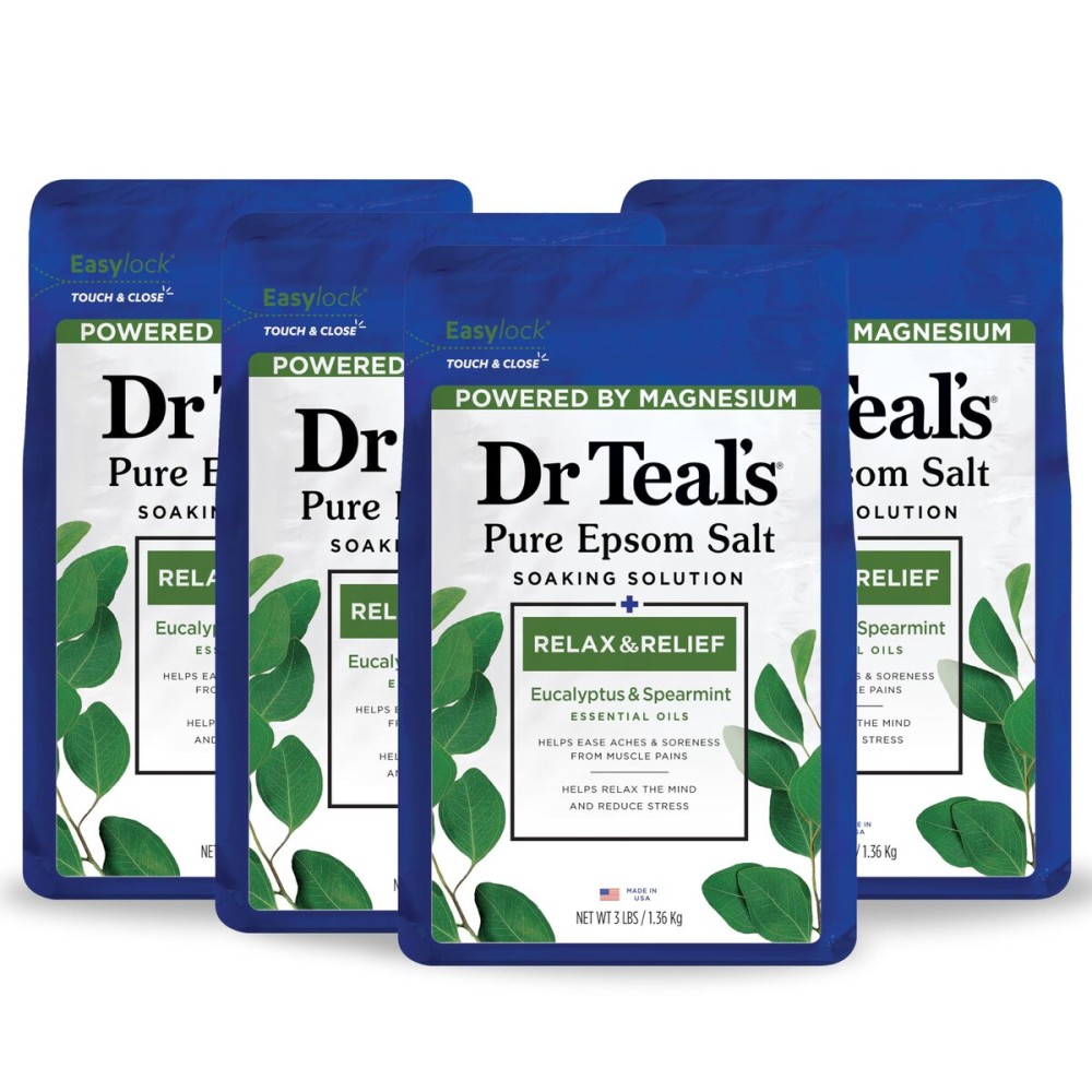 Dr Teal\'s Pure Epsom Salt, Relax & Relief with Eucalyptus and Spearmint, 3 lb (Pack of 4)