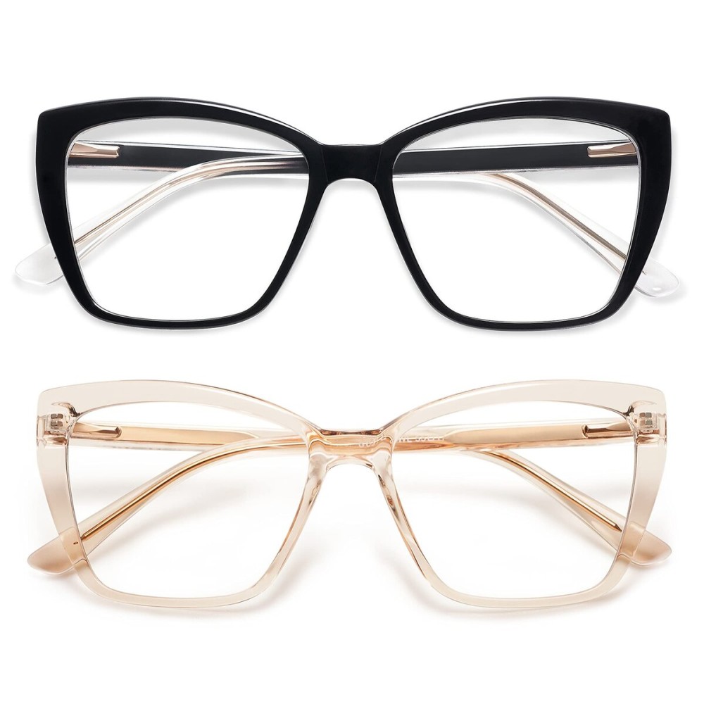 AMOMOMA Trendy TR90 Oversized Blue Light Reading Glasses Women,Stylish Square Cat Eye Glasses AM6031 C1+C7 1.5 x