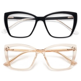 AMOMOMA Trendy TR90 Oversized Blue Light Reading Glasses Women,Stylish Square Cat Eye Glasses AM6031 C1+C7 1.5 x