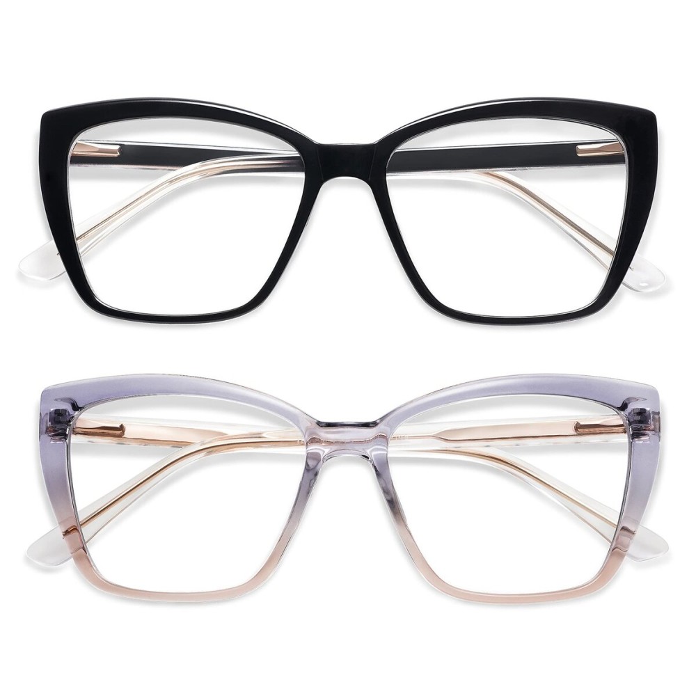 AMOMOMA Trendy TR90 Oversized Blue Light Reading Glasses Women,Stylish Square Cat Eye Glasses AM6031 C1+C3 Frame 2.0 x