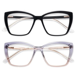 AMOMOMA Trendy TR90 Oversized Blue Light Reading Glasses Women,Stylish Square Cat Eye Glasses AM6031 C1+C3 Frame 2.0 x