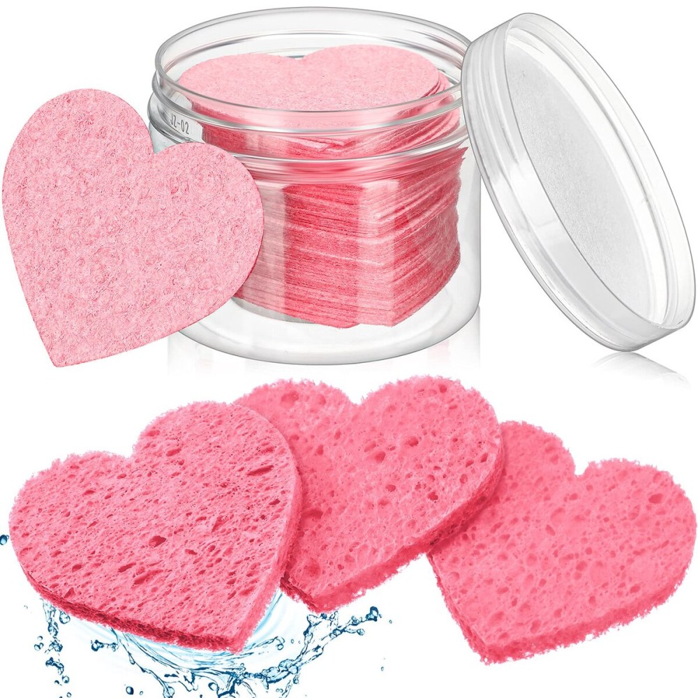Nuenen 60 Pieces Facial Sponges with Container, Heart Shape Compressed Face Sponges Natural Cleaning Pads for Washing Face Cleaning Exfoliating Esthetician Makeup Removal(Pink)