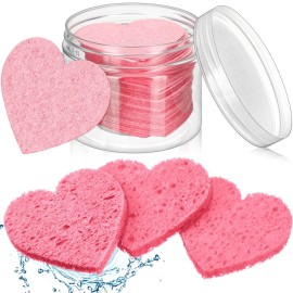 Nuenen 60 Pieces Facial Sponges with Container, Heart Shape Compressed Face Sponges Natural Cleaning Pads for Washing Face Cleaning Exfoliating Esthetician Makeup Removal(Pink)
