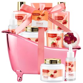 Spa Kit for Women, Bath & Body Gift Set, Luxury Home Spa Bath Gift Basket, Strawberry Scented Bath Set Christmas Gifts for Women, Pamper Gifts for Girls & Teens, Birthday Gift, Bath Self Care Gift