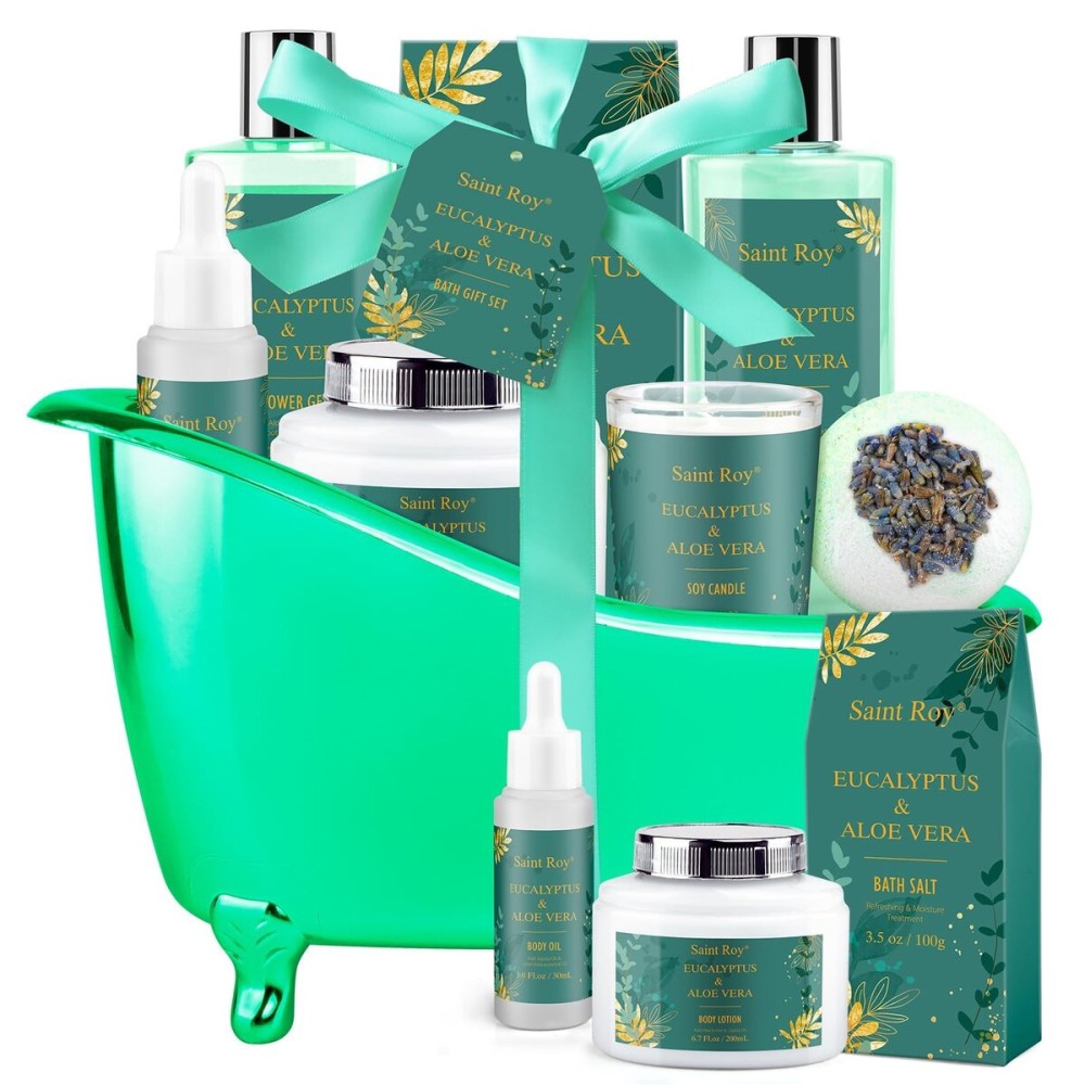 Spa Gift Basket Luxury bath and body Basket, Christmas Gifts for Women Her him, Bath Baskets for Women, 8 pcs Eucalyptus Aloe Spa shower gift, Birthday Gifts bath kit, Self Care Bath Gift Set