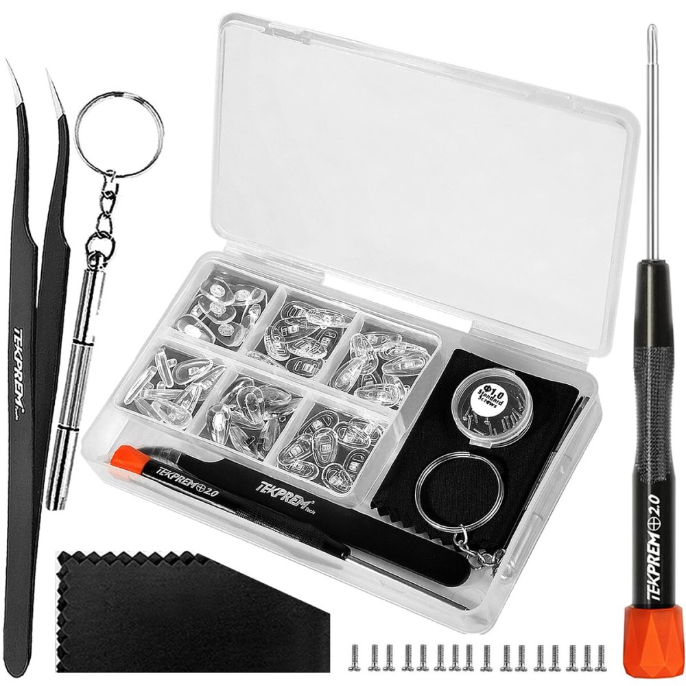 Eyeglasses Nose Pads, TEKPREM Screw in Glasses Nose Pads Replacement Repair Tools Kit with 24 Pairs of Eyeglass Nose Pads with 6 Types of Silicone Nose Pads,Screws,Screwdrivers & Cloth(14-15mm)