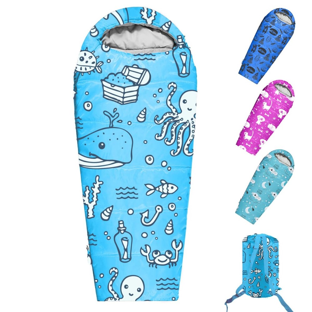 KidzAdventure Mummy Style 32 - 59F Kids Sleeping Bag with Pillow Sleeve, 4 Season, Lightweight and Backpacking Style, Ideal for Camping, Sleepover, Boys, Girls, Youth and Toddlers - Ocean World Kids