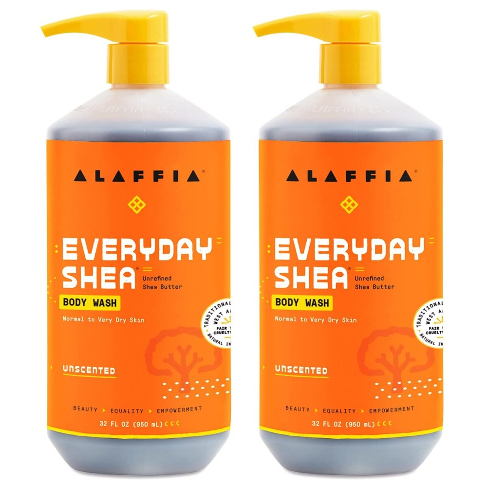Alaffia Everyday Shea Body Wash, Naturally Helps Moisturize and Cleanse Without Stripping Natural Oils with Fair Trade Shea Butter, Neem, and Coconut Oil, Unscented, 2 Pack - 32 Fl Oz Ea