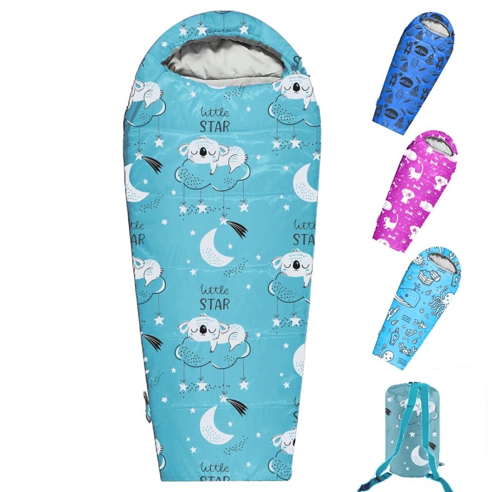 KidzAdventure Mummy Style 32 - 59F Kids Sleeping Bag with Pillow Sleeve, 4 Season, Lightweight and Backpacking Style, Ideal for Camping, Sleepover, Boys, Girls, Youth and Toddlers - Little Star Kids