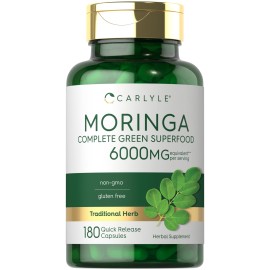 Carlyle Moringa Oleifera | 180 Capsules | Non-GMO and Gluten Free Supplement | Complete Green Superfood | from Moringa Leaf Powder
