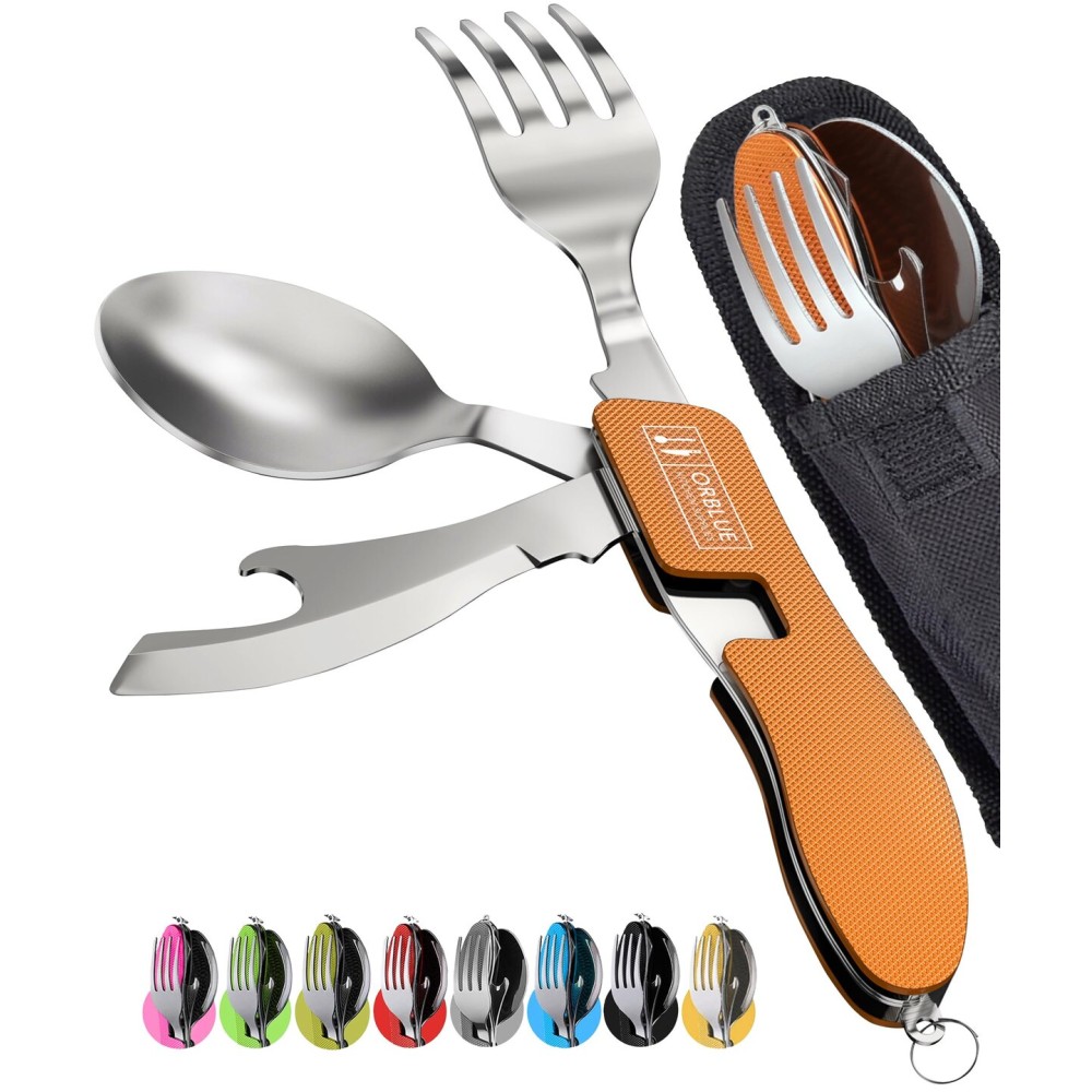 Orblue 4-in-1 Camping Eating Utensils, 2-Pack - Portable Spoon, Fork, Knife & Bottle Opener Combo Set - Stainless Steel Flatware with Detachable Fork - Travel, Backpacking Cutlery Multitool, Orange