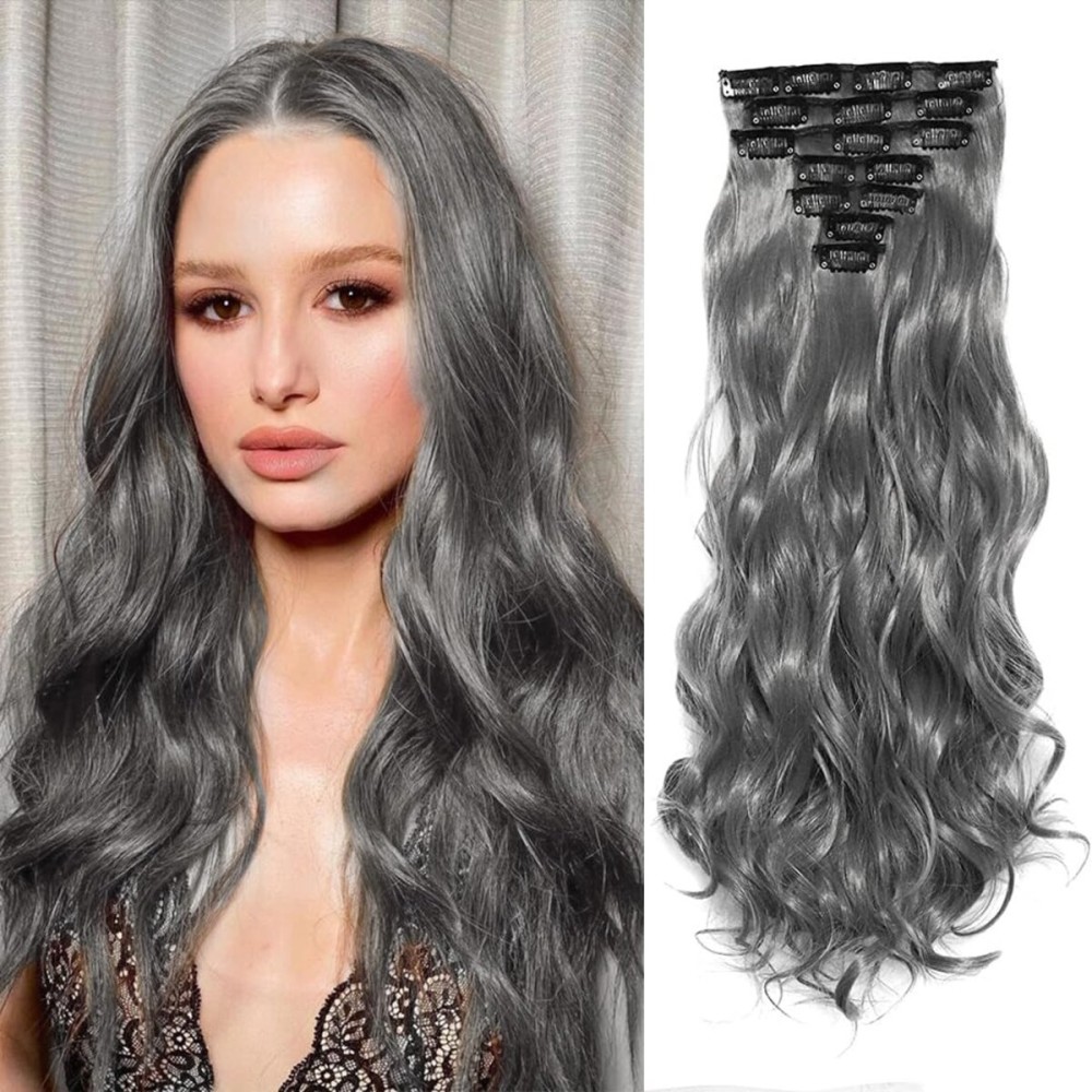 22 Inch Clip In Hair Extensions 7 PCS Long Wavy Synthetic Black Hair Extension & Natural Soft Invisible Clip Thick Hairpieces for Women Daily(20Inch, 7pcs, Dark Gray Mixed Shiny Silver)