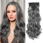 22 Inch Clip In Hair Extensions 7 PCS Long Wavy Synthetic Black Hair Extension & Natural Soft Invisible Clip Thick Hairpieces for Women Daily(20Inch, 7pcs, Dark Gray Mixed Shiny Silver)