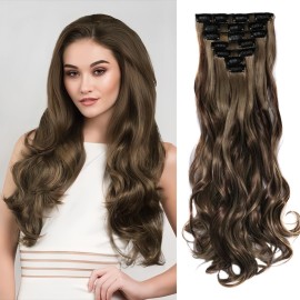 22 Inch Clip In Hair Extensions 7 PCS Long Wavy Synthetic Black Hair Extension & Natural Soft Invisible Clip Thick Hairpieces for Women Daily(20Inch, 7pcs, Copper Brown)