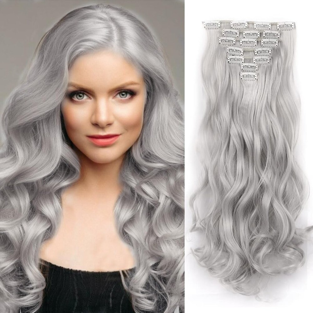 22 Inch Clip In Hair Extensions 7 PCS Long Wavy Synthetic Hair Extension & Natural Soft Invisible Clip Thick Hairpieces for Women Daily(20Inch, 7pcs, Silver Grey)