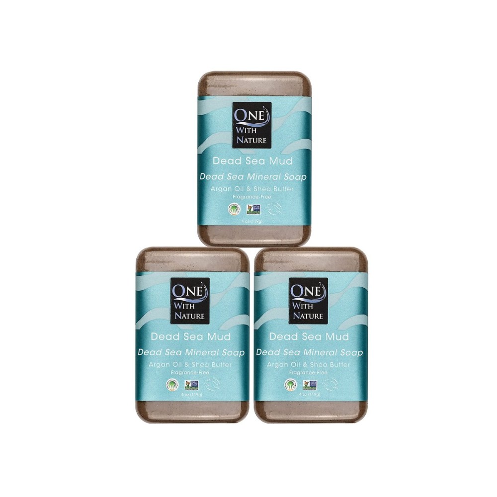 One With Nature Dead Sea Mud Soap 4oz 3-Pack - Purifying and Exfoliating Soap Bar with Dead Sea Salt Minerals for Face & Body, for Men & Women, Unscented