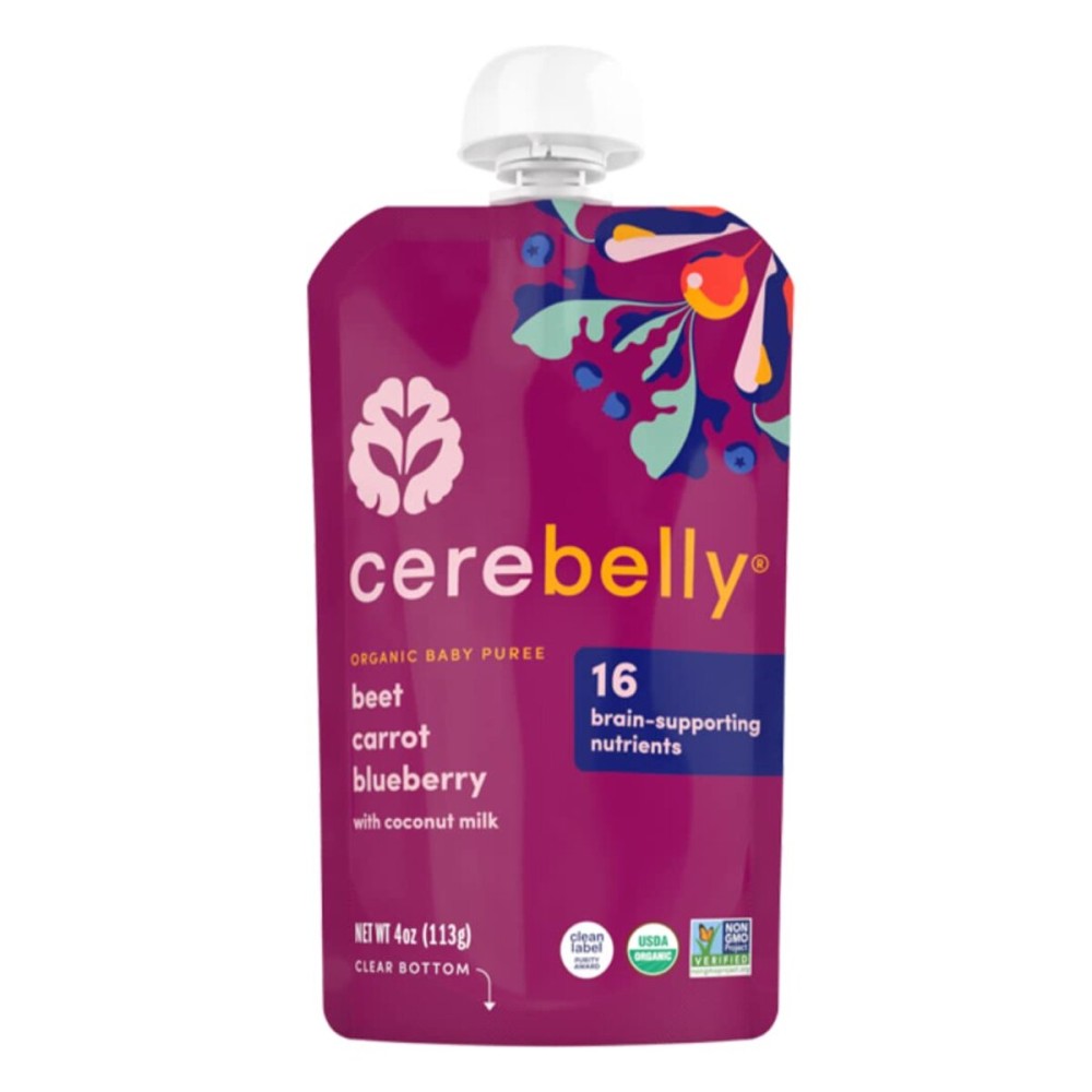 Cerebelly Organic Baby Food Pouches, Beet Carrot Blueberry Purees, 16 Nutrients, No Added Sugar, Fiber & Non-GMO, 4oz, 1 Count