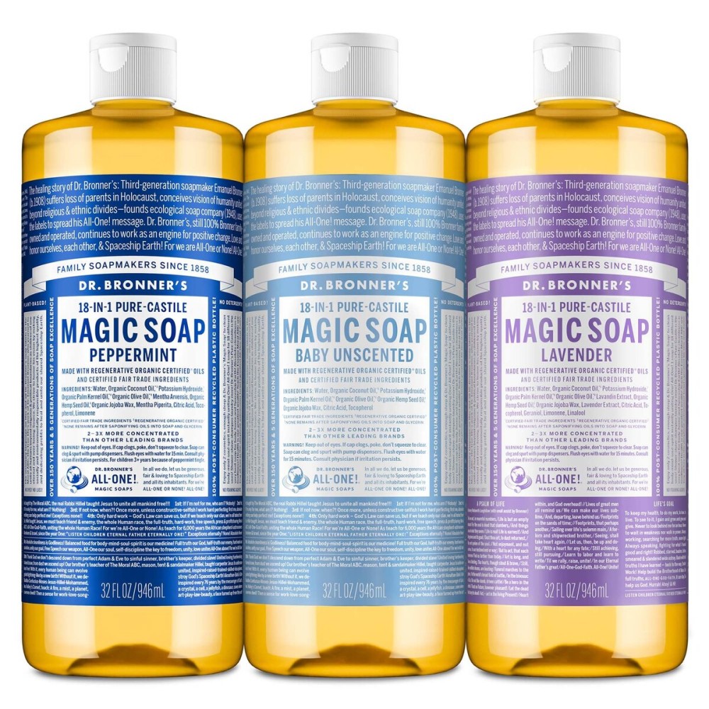 Dr. Bronner\'s Pure-Castile Magic Liquid Soap Made with Regenerative Organic Oils, Vegan, Concentrated, Body Wash- For Face, Hair, Laundry - 32oz Variety 3-Pack (Peppermint, Baby Unscented, Lavender)