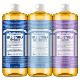 Dr. Bronner\'s Pure-Castile Magic Liquid Soap Made with Regenerative Organic Oils, Vegan, Concentrated, Body Wash- For Face, Hair, Laundry - 32oz Variety 3-Pack (Peppermint, Baby Unscented, Lavender)