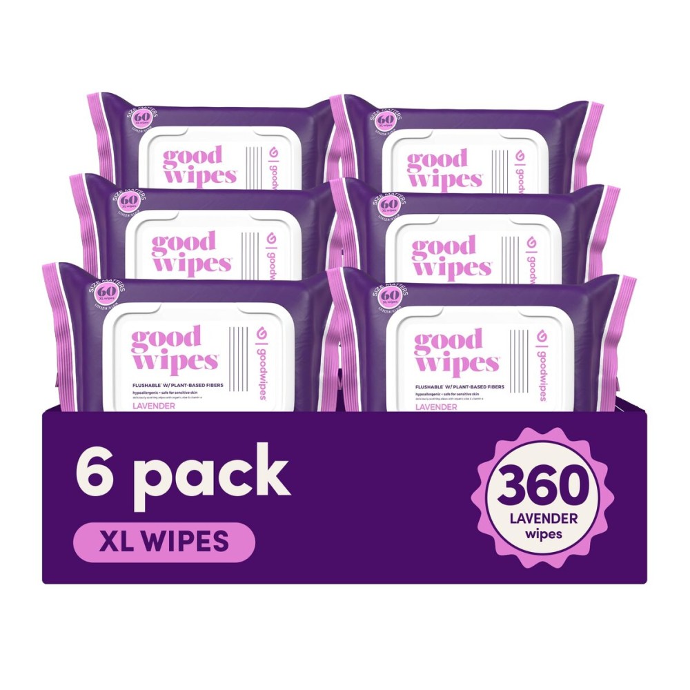 goodwipes Flushable Butt Wipes Made with Vitamin E & Aloe - Soft & Gentle Wet Wipe Dispenser for Home Use, Septic & Sewer Safe - Largest Adult Toilet Towelettes - Lavender, 360 Count (6 Packs)