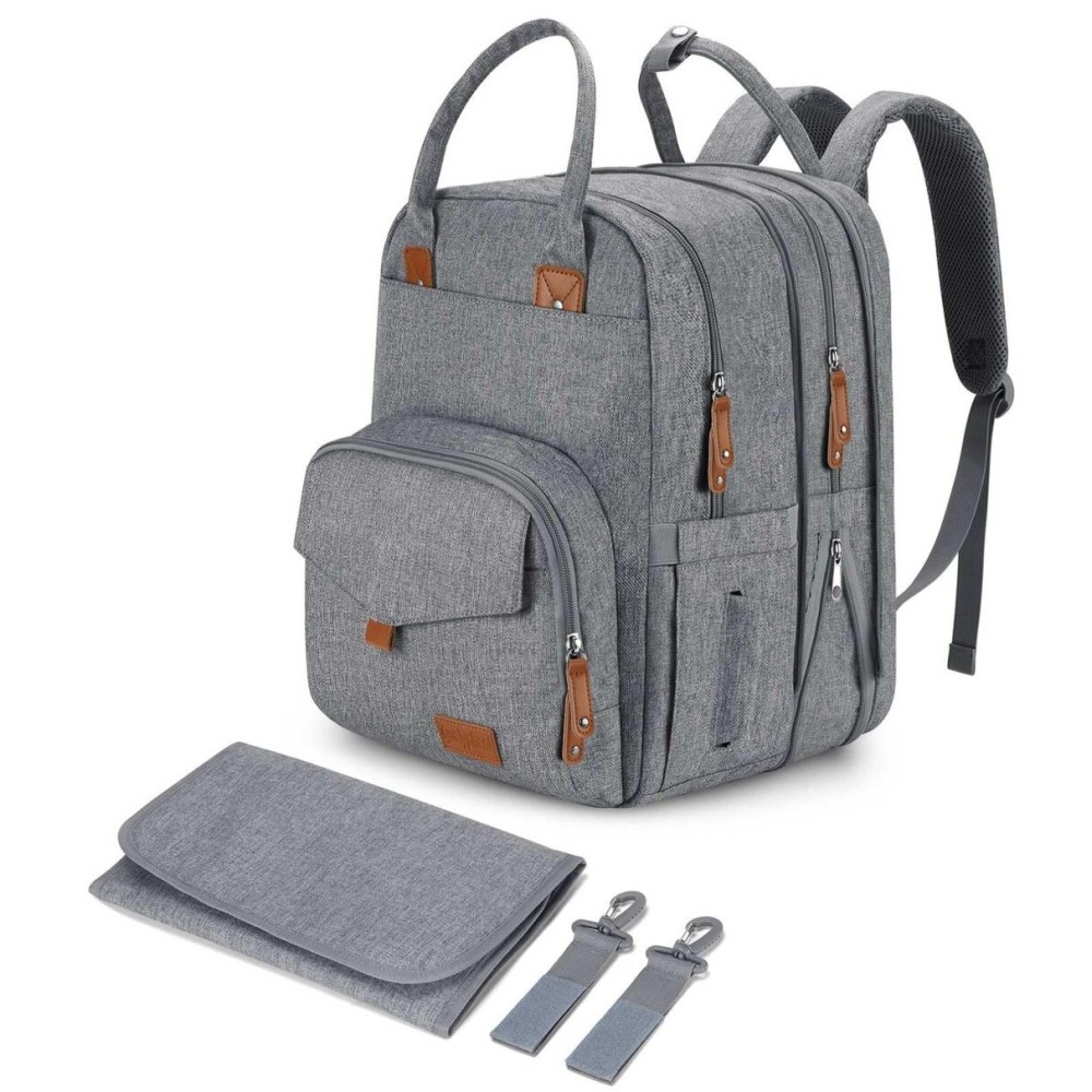 Qualyphant Large Diaper Bag Backpack for Two Kids Twins - Expandable Baby Bag (26-36L), Dual Big Compartments - Includes Changing Pad & Stroller Straps, Unisex Grey