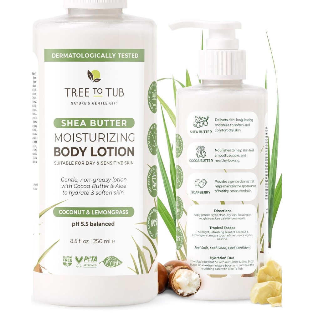 Tree to Tub Cocoa Butter Lotion for Sensitive Skin - Moisturizing Shea Butter Lotion for Extremely Dry Skin for Women & Men - Lemongrass & Coconut Body Cream w/Organic Aloe Vera, Colloidal Oatmeal