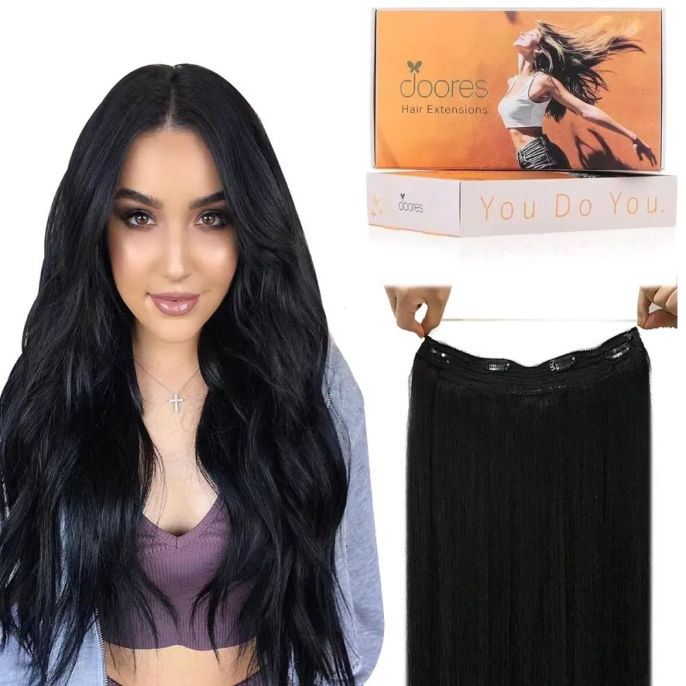 DOORES Wire Hair Extensions, Jet Black 16 Inch 95 g Remy Human Wire Hair Extensions Invisible Natural Transparent Line Adjustable Hairpieces Secret Straight