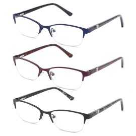 CRGATV 3-Pack Reading Glasses for Women Blue Light Blocking Metal Half Frame Computer Readers Anti UV/Eye Strain/Glare (+2.5 Magnification Strength)