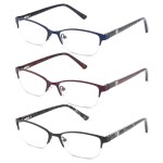 CRGATV 3-Pack Reading Glasses for Women Blue Light Blocking Metal Half Frame Computer Readers Anti UV/Eye Strain/Glare (+3.25 Magnification Strength)