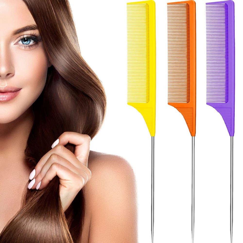 Leinuosen 3 Packs Rat Tail Comb Steel Pin Rat Tail Carbon Fiber Heat Resistant Teasing Combs with Stainless Steel Pintail (Purple, Orange, Yellow)