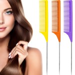 Leinuosen 3 Packs Rat Tail Comb Steel Pin Rat Tail Carbon Fiber Heat Resistant Teasing Combs with Stainless Steel Pintail (Purple, Orange, Yellow)