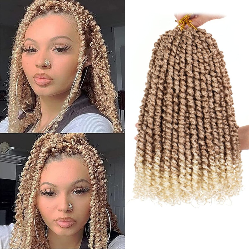 Leeven Ombre Blonde 12 Inch Pretwisted Passion Twist Hair 8 Packs Pre Looped Short Passion Twist Curly Ends Synthetic Bohemian Braids Crochet Hair Extensions for Black Women(12Strands/Pack T27/613)